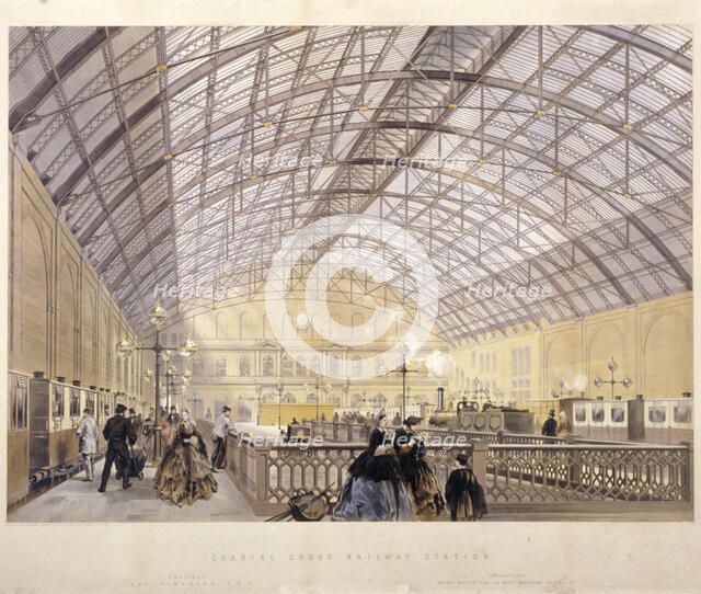 Interior of Charing Cross Station showing trains and the iron roof, London, c1890. Artist: Kell Brothers