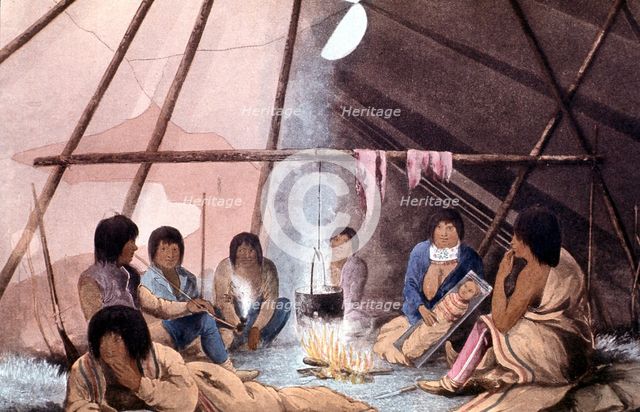 Interior of Cree Indian tent, 1823. Artist: John Franklin