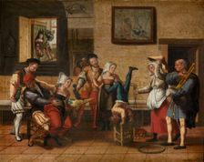Interior of a tavern with an acrobat and a bagpipe player, First Half of 16th cen. Creator: Jan van Amstel