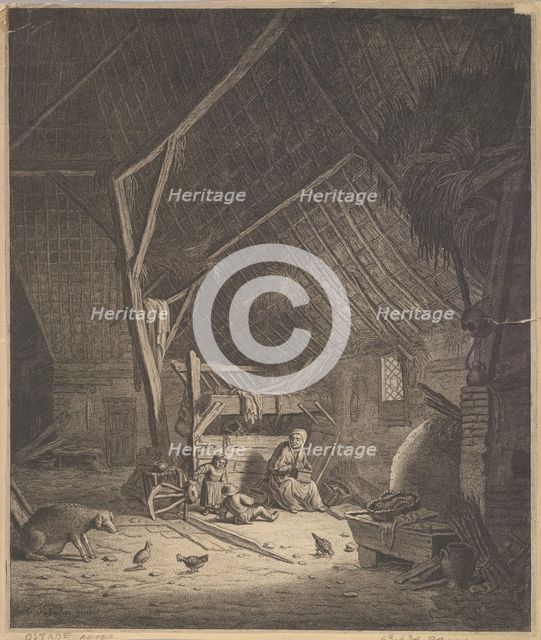 Interior of a Barn with Mother and Two Children, Right in Front a Pig (copy), 17th century. Creator: Jacob Louys.