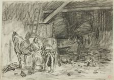 Interior of a Blacksmith's Shop (recto); Man Bending Over, Seen from Read (verso), 1833/1894. Creator: Charles Emile Jacque