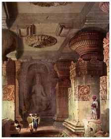 Interior of a cave temple, Ellora, Maharashtra, India, 19th century (1956)