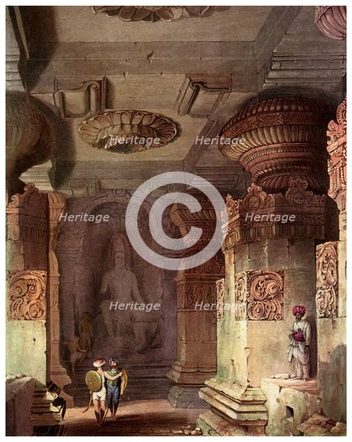Interior of a cave temple, Ellora, Maharashtra, India, 19th century (1956). Artist: Unknown