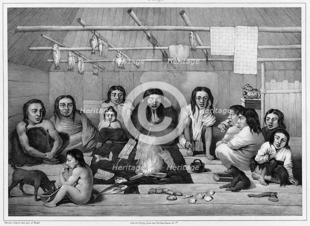Interior of a clochan hut (Sitka island, north coast of America), 19th century. Creators: Alexander Postels, Godefroy Engelmann.