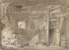 Interior of a Farmhouse with Figures, late 18th century. Creator: Hubert Robert