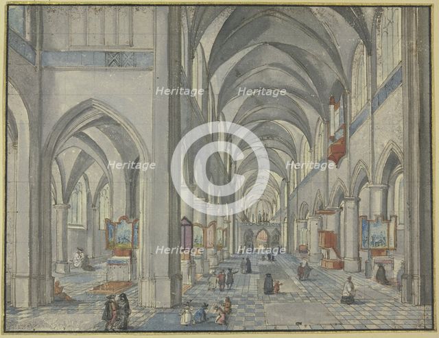Interior of a Gothic church with many figures, 17th century. Creator: Hendrik van Steenwyck.