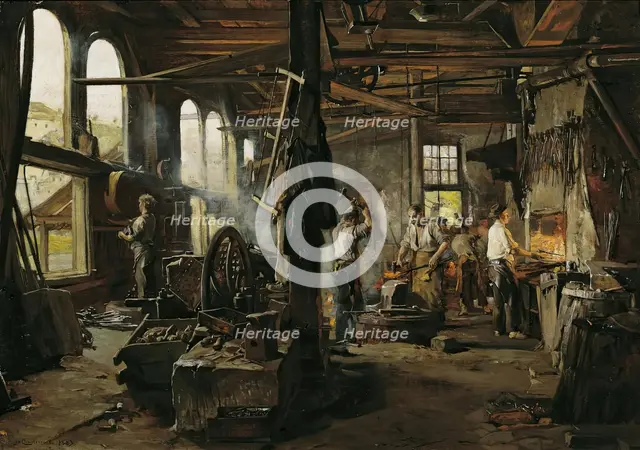 Interior of a hammer forge, 1883. Creator: Hugo Charlemont.