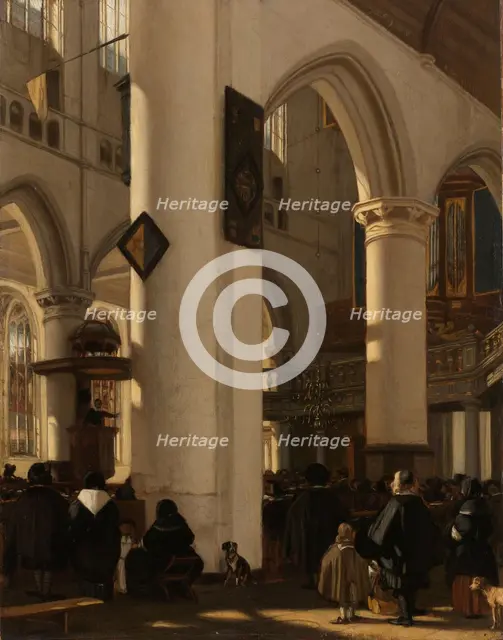 Interior of a Protestant, Gothic Church during a Service, 1669. Creator: Emanuel de Witte.