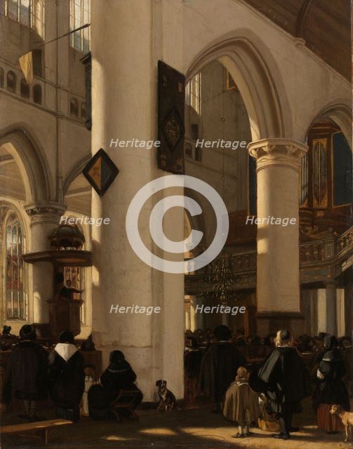 Interior of a Protestant, Gothic Church during a Service, 1669. Creator: Emanuel de Witte.