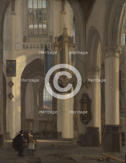 Interior of a Protestant Gothic Church with Motifs from the Oude and Nieuwe Kerk in Amsterdam, 1677. Creator: Emanuel de Witte.