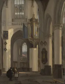 Interior of a Protestant Gothic Church with Motifs from the Oude and Nieuwe Kerk in Amsterdam, 1677. Creator: Emanuel de Witte