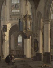 Interior of a Protestant Gothic Church with Motifs from the Oude and Nieuwe Kerk in Amsterdam, 1677. Creator: Emanuel de Witte