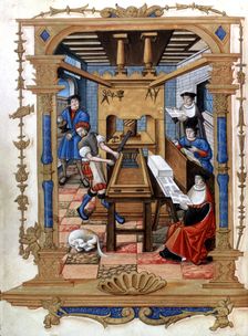 Interior of a printing house, miniature of Cantos reales sobre la Concepción (Royal Songs on th…
