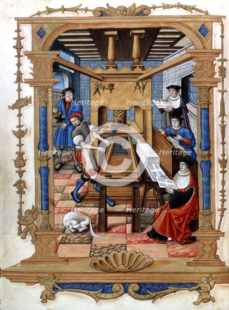 Interior of a printing house, miniature of 'Cantos reales sobre la Concepción' (Royal Songs on th…