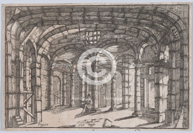 Interior of a prison in which sits a woman, ca 1680-1710. Creator: Carlo Antonio Buffagnotti.