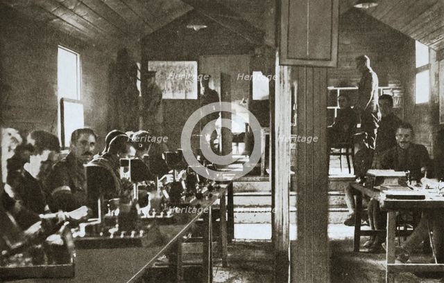 Interior of a signal exchange during the Battle of the Somme, France, World War I, 1916. Artist: Unknown
