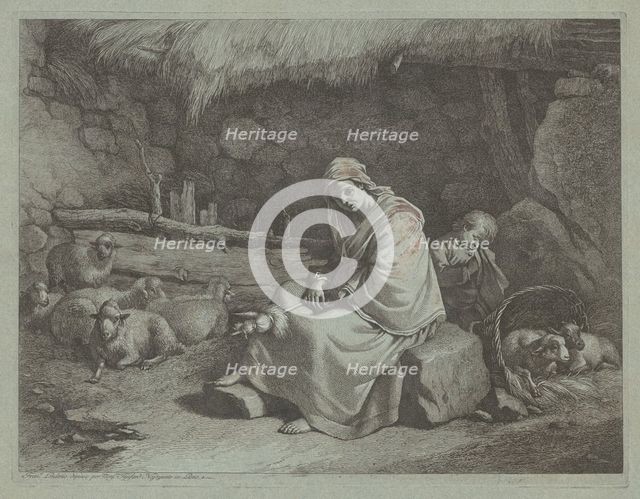 Interior of a Stable with a Seated Spinner and Sleeping Child, 1759/1782. Creator: Francesco Londonio.