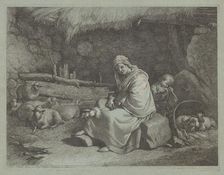 Interior of a Stable with a Seated Spinner and Sleeping Child, 1759/1782. Creator: Francesco Londonio