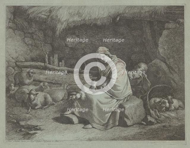 Interior of a Stable with a Seated Spinner and Sleeping Child, 1759/1782. Creator: Francesco Londonio.