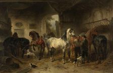 Interior of a stable with horses and figures, 1850-1874. Creator: Wouterus Verschuur