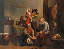 Interior of a surgery with a surgeon attending to a man's foot, and a woman..., c1680s. Creators: Unknown, Follower of David Teniers II