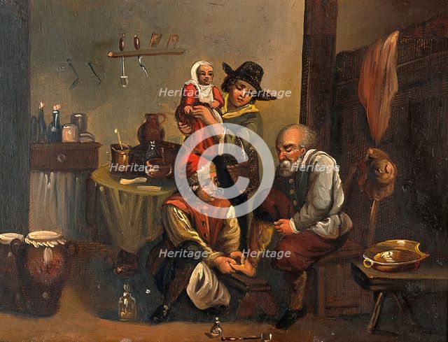 Interior of a surgery with a surgeon attending to a man's foot, and a woman..., c1680s. Creators: Unknown, Follower of David Teniers II.