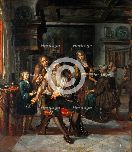 Interior of a surgery with a surgeon treating a wound in the arm of a man, with a boy and..., 1700s. Creator: Matthys Naiveu.