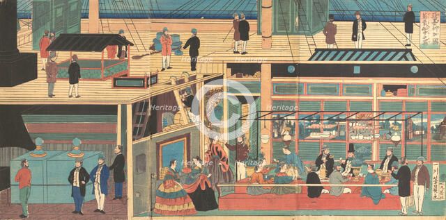 Interior of an American Steamship, 4th month, 1861. Creator: Yoshikazu.