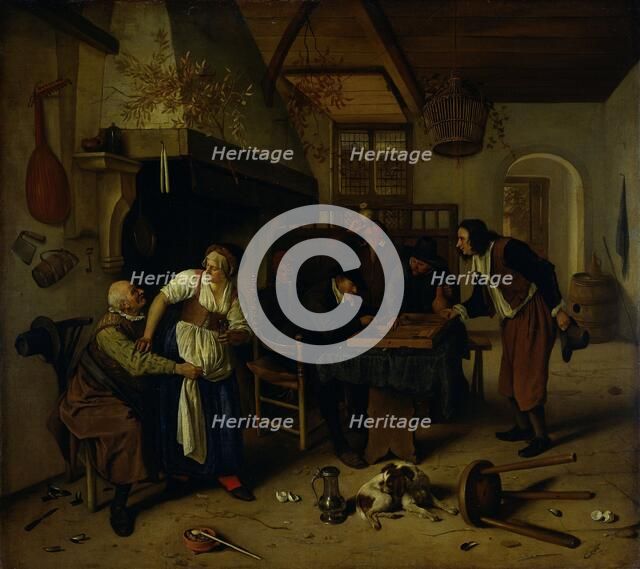 Interior of an inn with an old man amusing himself with the landlady and two men playing backgammon, Creator: Jan Steen.