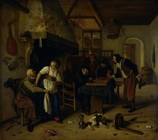 Interior of an inn with an old man amusing himself with the landlady and two men playing backgammon, Creator: Jan Steen