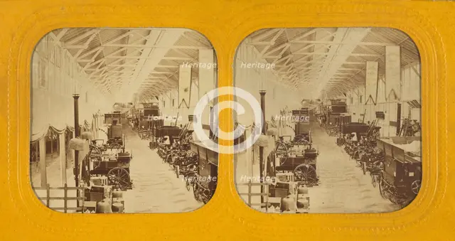 Interior of an unidentified exposition displaying machinery, about 1865. Creator: Unknown.