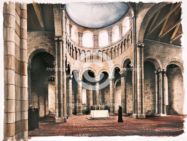 Interior of Battle Abbey church, Sussex, in the 12th century (c1980-c2008). Artist: Peter Urmston.