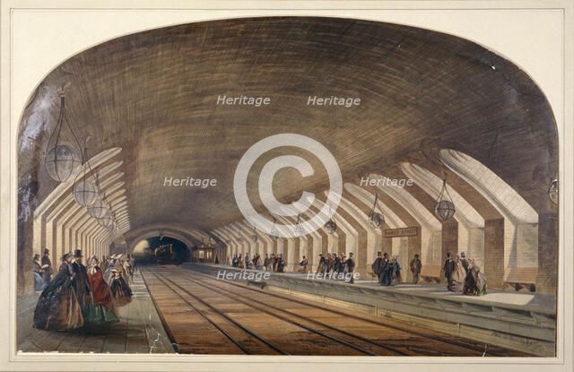Interior of Baker Street Station showing platforms and an approaching train, London, c1865. Artist: Kell Brothers