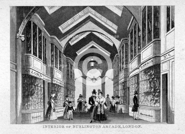 Interior of Burlington Arcade, Westminster, London, c1825. Artist: Anon