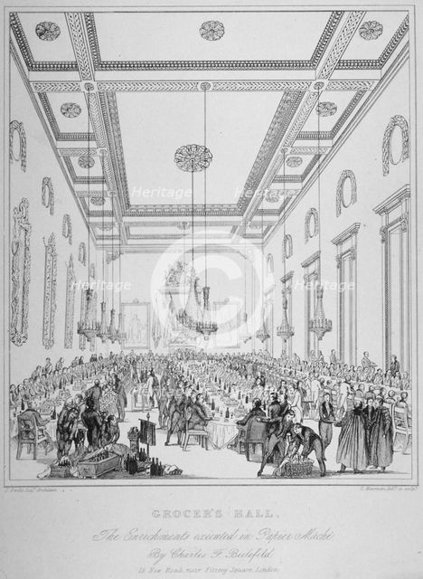 Interior of Grocers' Hall during a banquet, City of London, 1830. Artist: T Kearnan