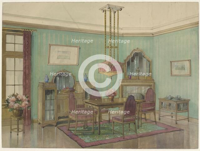 Interior of dining room with corner chimney, c.1925. Creator: Anon.