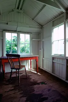 Interior of Dylan Thomas's writing shed, Laugharne, Carmarthenshire, Wales. Creator: Tony Evans