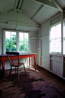 Interior of Dylan Thomas's writing shed, Laugharne, Carmarthenshire, Wales. Creator: Tony Evans
