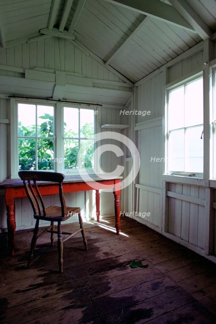 Interior of Dylan Thomas's writing shed, Laugharne, Carmarthenshire, Wales.  Creator: Tony Evans.