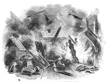 Interior of Naworth Castle, during the conflagration, 1844. Creator: Unknown