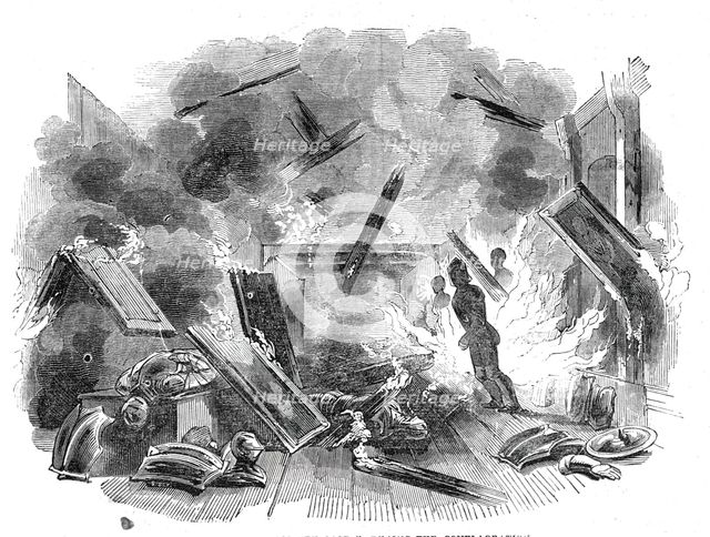 Interior of Naworth Castle, during the conflagration, 1844. Creator: Unknown.