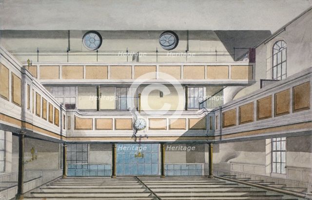 Interior of Salters' Hall Chapel for Protestant Dissenters, St Swithin's Lane, City of London, 1820. Artist: Anon