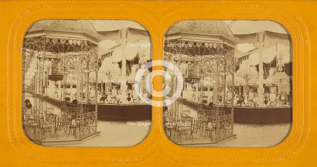 Interior of possibly the 1867 Paris Exposition displaying lighting fixtures, about 1867. Creator: Unknown.