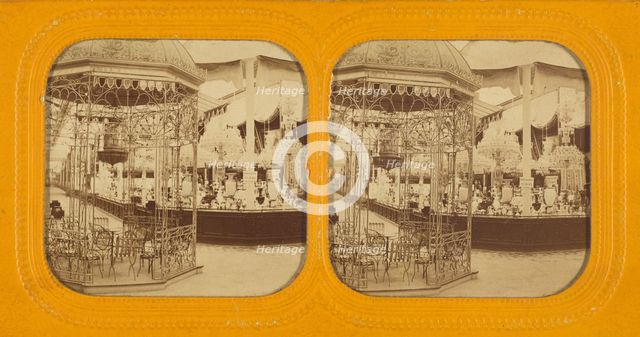 Interior of possibly the 1867 Paris Exposition displaying lighting fixtures, about 1867. Creator: Unknown.