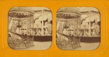 Interior of possibly the 1867 Paris Exposition displaying lighting fixtures, about 1867. Creator: Unknown