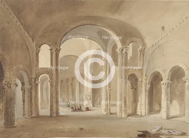 Interior of S. Hilaire at Poitiers, with kneeling figures at confession, 1802-1871. Creator: Alexis Nicolas Noël.