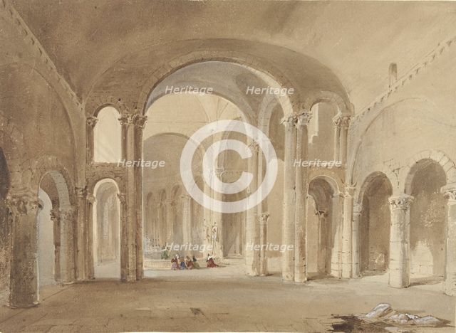 Interior of S. Hilaire at Poitiers, with kneeling figures at confession, 1802-1871. Creator: Alexis Nicolas Noël.