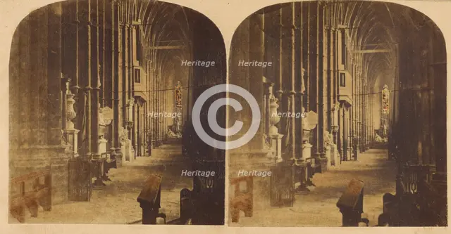 Interior of Westminster Abbey; North Aisle of The Nave, looking West, from the South..., about 1860. Creator: Victor A Prout.