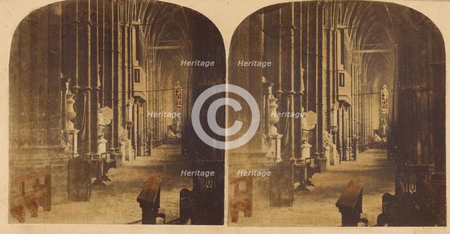 Interior of Westminster Abbey; North Aisle of The Nave, looking West, from the South..., about 1860. Creator: Victor A Prout.