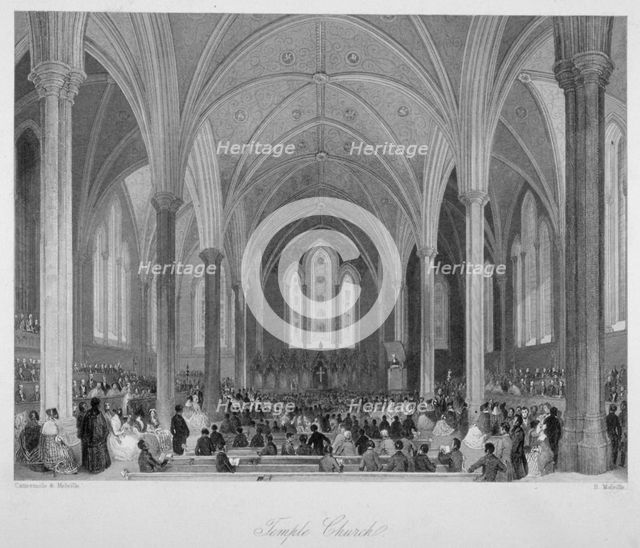Interior of Temple Church during a service, City of London, 1860. Artist: Harden Sidney Melville       